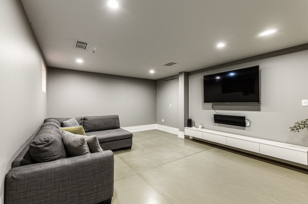 Clean basement with a sump pump installed