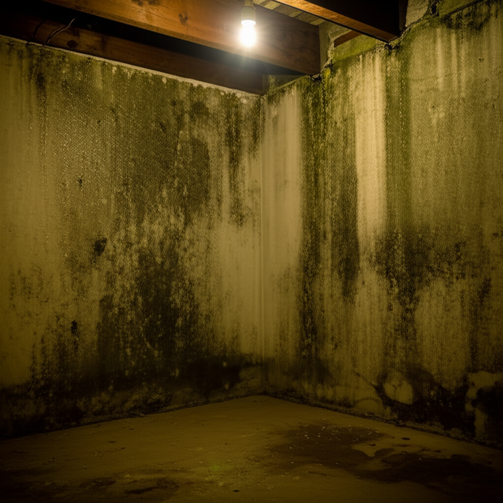 A damp corner in a basement, a sign a sump pump is needed